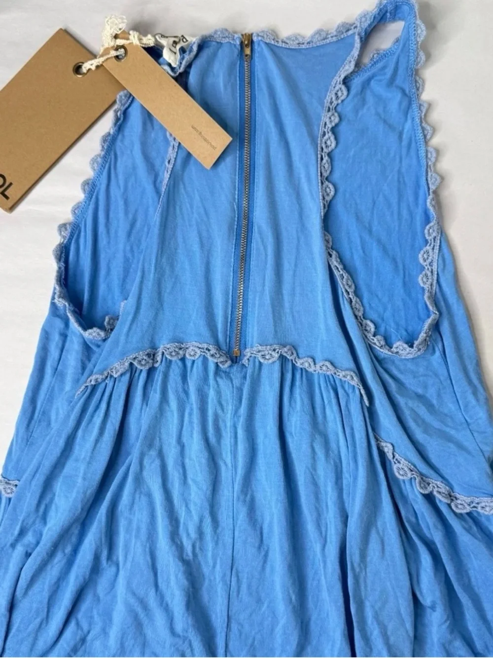 NWT POL Blue Lace Trim Babydoll Tunic Mini Dress Boho Top - Picture 4 of 7